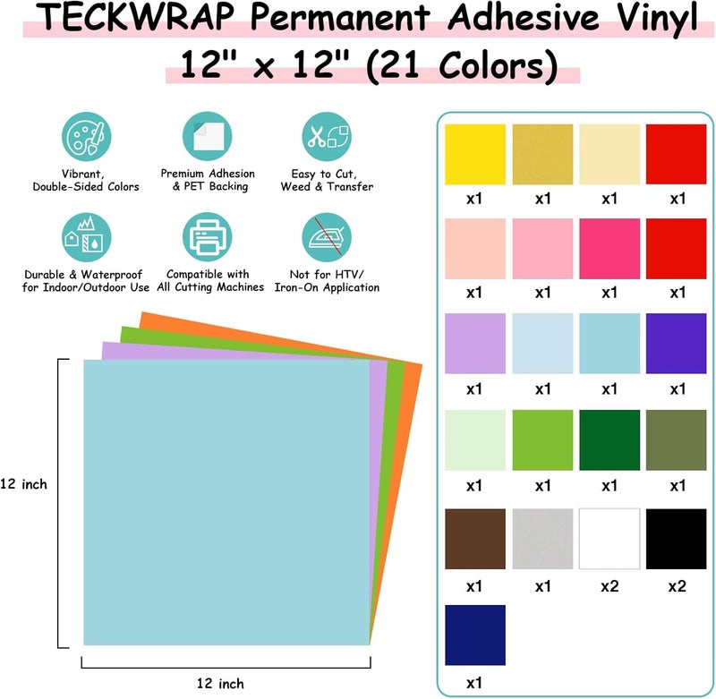 TECKWRAP Permanent Vinyl Bundle All-in-One Accessories, 21 Assorted Colors (12"x12") Sheets, Squeegee, Pin Pen, Tweezers, 2PCS Cutting Mats, Vinyl Storage Bag for Crafting - Image 3